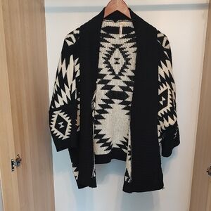 Black and Cream Open-Front Aztec Knit Sweater Cardigan